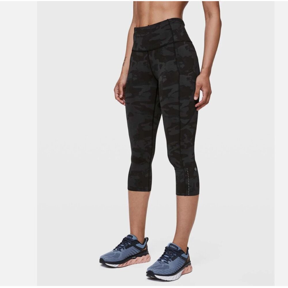 Lululemon Womens Leggings Sz 6 Fast Free Crop HR 19” Gray Black Camo 7-Pocket